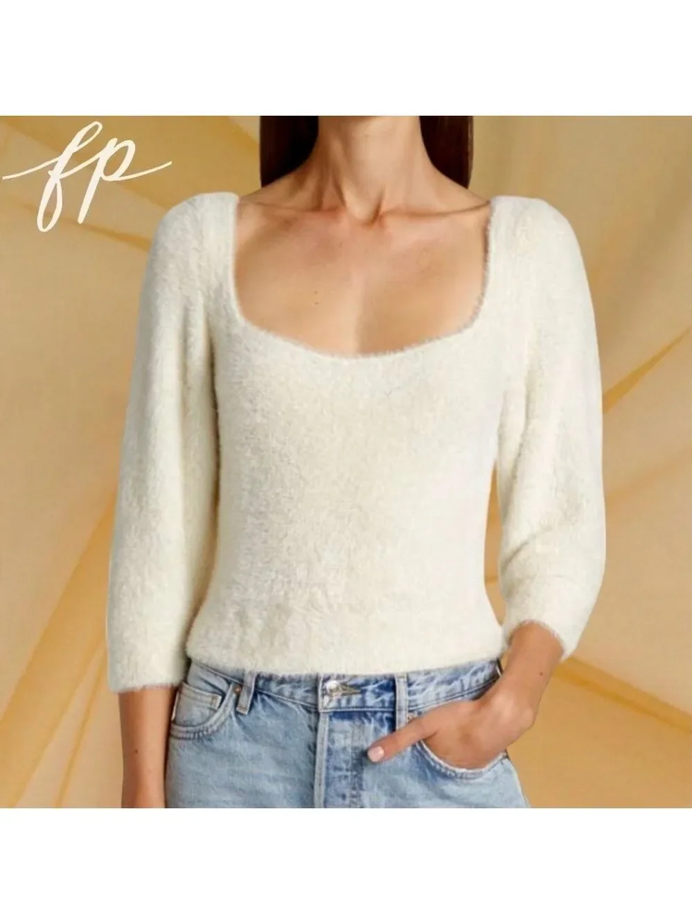 FREE PEOPLE NWT Moonbeam Fuzzy 3/4 Puff Sleeve Cropped Scoop Neck Sweater/Lg